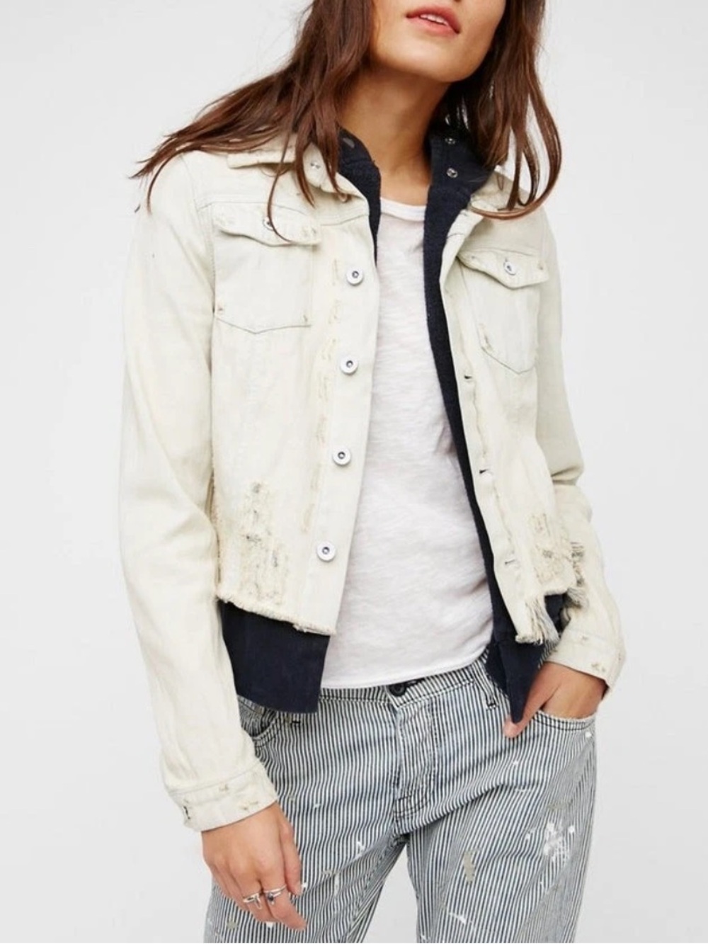 Free People Double Weave Hooded Denim Jacket  White Liberty Wash Size S